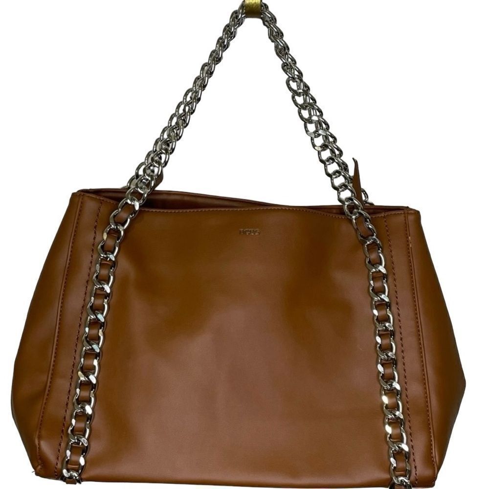 BCBG Lucy Satchel Tote Purse Camel Tan with Silver Chain Detail
